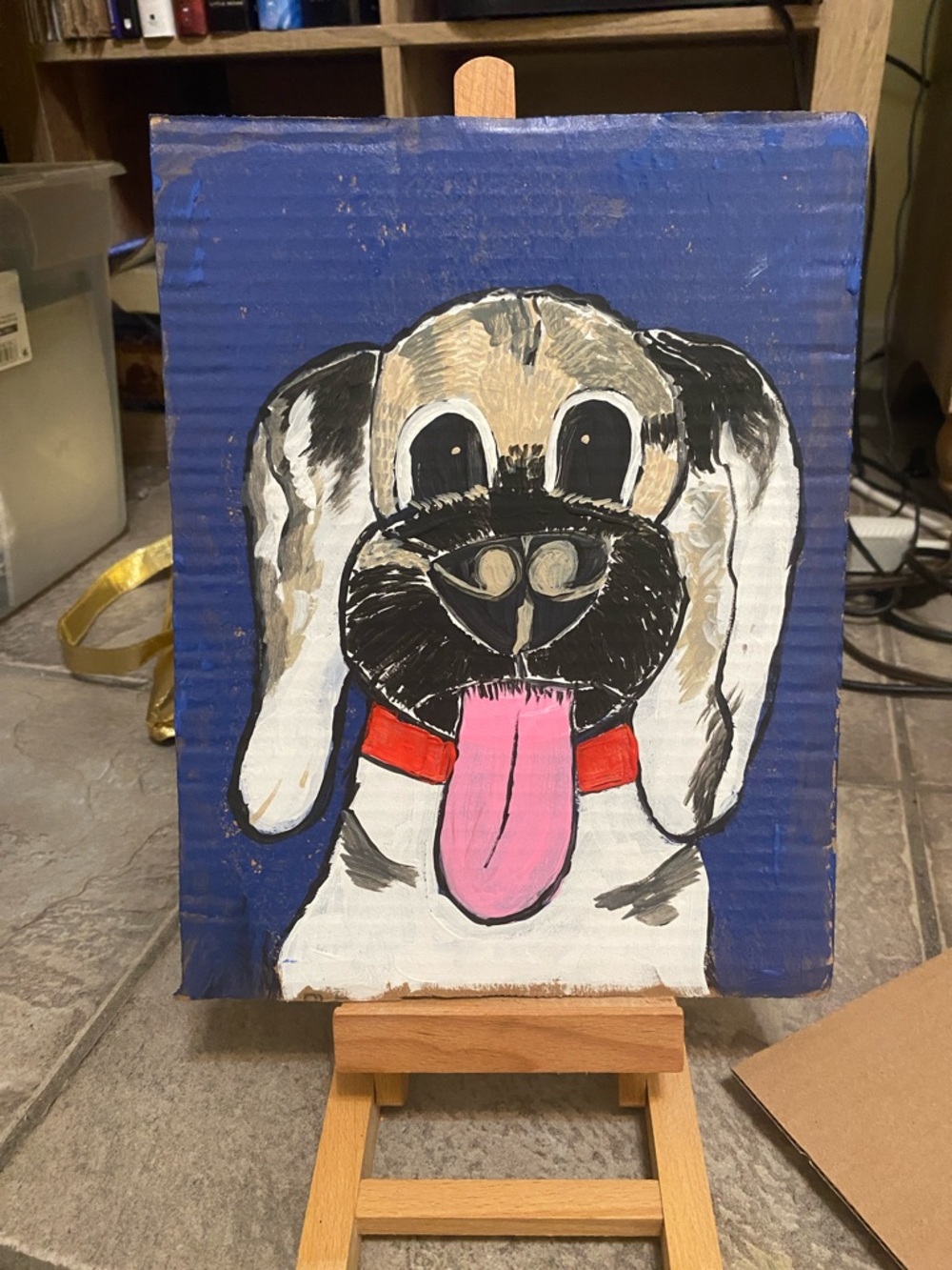 Hand-Painted Dog Portrait on Cardboard - Blue Background